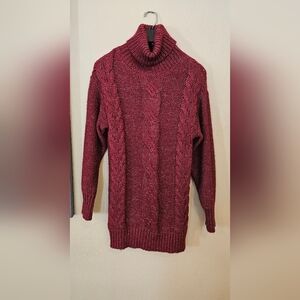 Turtleneck Cable Knit Sweater Tunic - Burgundy